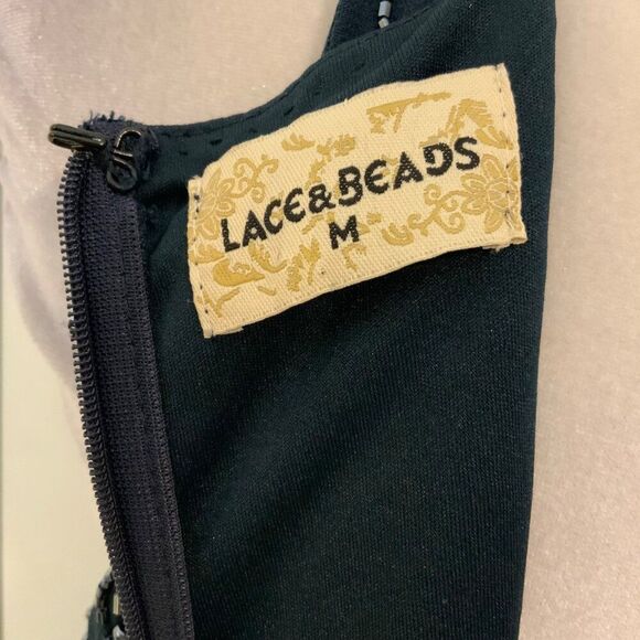 Lace & Beads Navy Blue Beaded Tulle Pleated Skirt Dress Medium - Picture 11 of 13